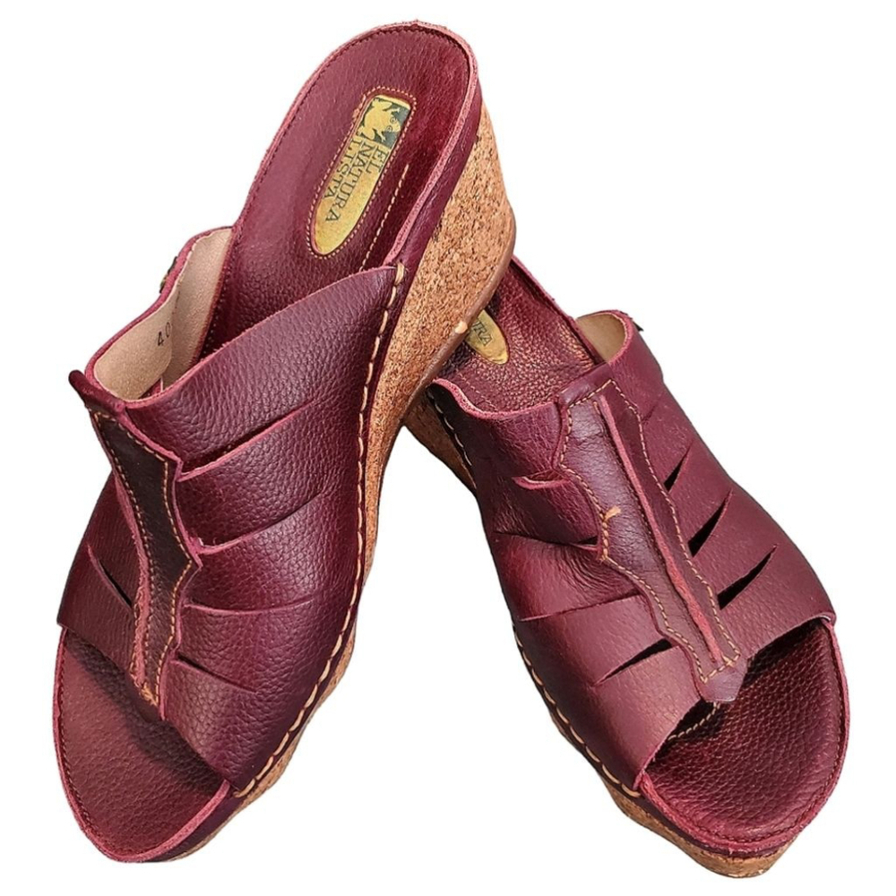 El Naturlista Sandal Iggdrasil Lagenlook Y2K Leather Wedge Heel Cork Burgundy 39